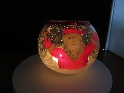 Buy New Crackle Glass Bowl Snow Covered Trees+Santa Design Holder + Tealight Candle • 9£