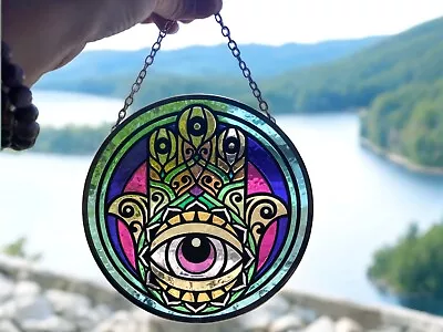 Buy Larga Hamsa Hand Stained Glass Sun Catcher Evil Eye Protection Hand-Painted • 21.99£