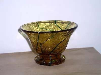 Buy Unusual Green Trailed Crackle Amber Glass Bowl • 35£