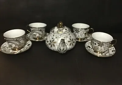 Buy Rare Teavana Fine Porcelain China Gold & White 1 Teapot 4 Cups & Saucers • 122.39£