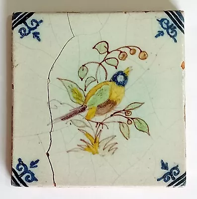 Buy Delightful With Damage Antique Polychrome Dutch Delft Tile Charming Bird Scene • 9.95£