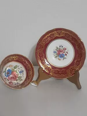 Buy Vintage Aynsley Burgundy Tea Cup And Saucer Cabbage Rose Red W/ Gold Trim #893 • 142.49£