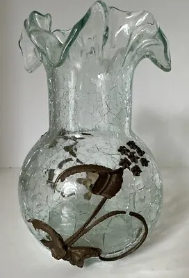 Buy Vtg Clear  7” Crackle Glass Vase  Crimped Ruffled Edge Metal Flower Nice Gift • 17.15£
