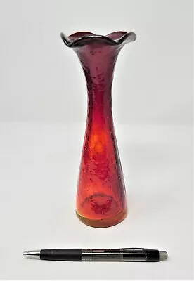 Buy Vintage Red Crackle Glass Tall Vase  (8 ) W/ Fluted Top And Yellow/Orange Bottom • 12.49£