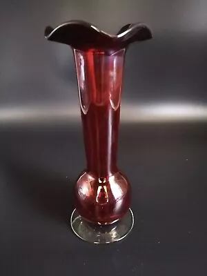 Buy Vintage Ruby Red Fluted Art Glass Vase With Ruby Crackle Bottom And Clear Base • 14.21£