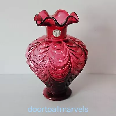 Buy Vintage Fenton Cranberry Glass Vase Drape Pattern Ruffled Top 7.5 H Orig.Sticker • 61.63£