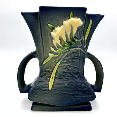 Buy Roseville 7.25  Freesia 1945 Vintage Art Pottery Blue Handled Ceramic Vase 200-7 • 92.95£