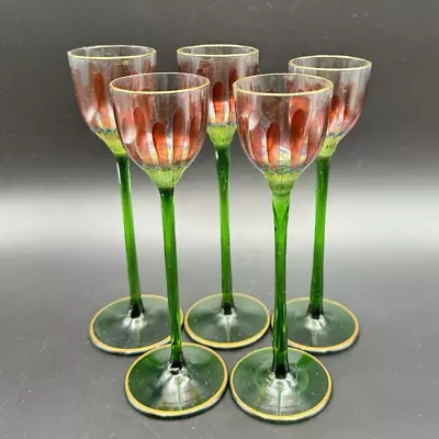 Buy (5) Antique THERESIENTHAL Enamel Flower Cordial Glass Green Stem Gold Trim • 1,187.65£