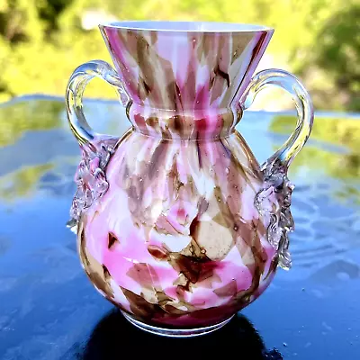 Buy Vintage Bohemian Pink  Confetti Spatter 4 1/2  Art Glass Cased Vase Applied Arms • 38.37£