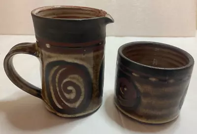 Buy Briglin Sugar Bowl & Milk Jug, Brown Spiral Studio Art Pottery Handmade • 10£