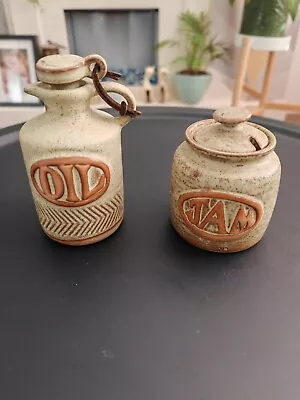 Buy Vintage Tremar Cornish Pottery Oil Bottle With Lid Stopper And Jam Pot UK POST • 25£