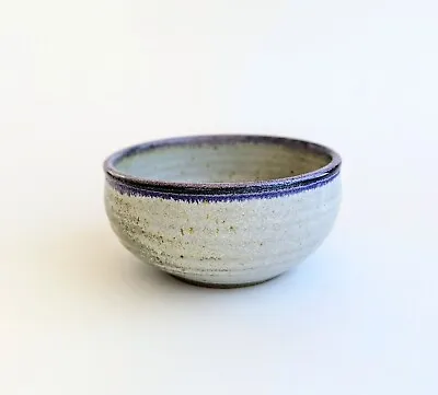 Buy Vintage Handmade Speckled Gray Ceramic Stoneware Pottery Bowl W/ Blue Purple Rim • 24.01£