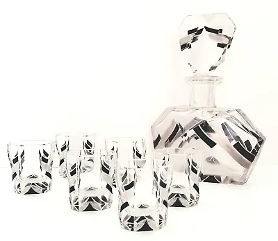 Buy Art Deco Decanter Set + 6 Shot Glasses Etched In Black & Silver By karl Palder ? • 950£