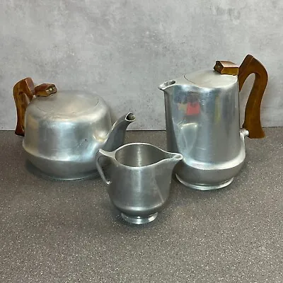 Buy Vintage Picquot Ware Tea Set (Teapot, Coffee + Milk) Stainless With Wood Handle • 39.95£