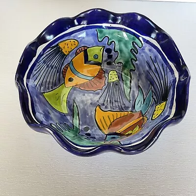 Buy Hand Painted Fish Mexican Folk Art Pottery Serving Bowl Scalloped Edge Signed • 20.18£