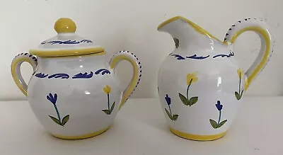 Buy Vintage Sigma Blue White Yellow Hand Painted Pottery Creamer & Sugar Italy • 36.05£