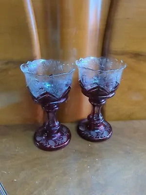 Buy Victorian Bohemian Red Ruby  Cut Clear Lustres Luster Candlestick Candleholders • 143.86£