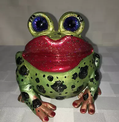 Buy Decorative Handmade Green Frog W/ Blue Glass Eyes & Makeup Ceramic Art Pottery • 23.90£