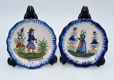 Buy Pair Antique Hr Quimper Folk Art Jam Dishes Plates Breton Figures Lady & Man • 15£