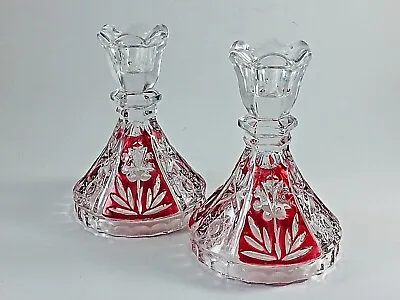 Buy Pair Of Vintage RUBY RED Cranberry Flashed Glass Cut Candle Holders Floral • 18.89£