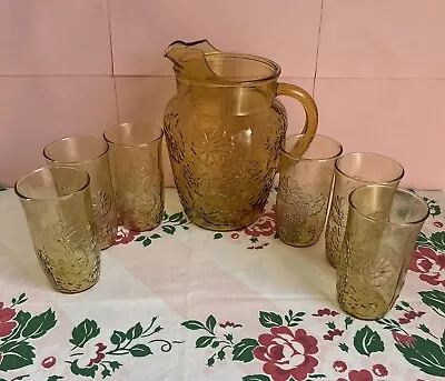Buy Vintage Anchor Hocking Spring  Song Daisy Amber Pitcher  & 6 Juice Glass Set 70s • 63.29£
