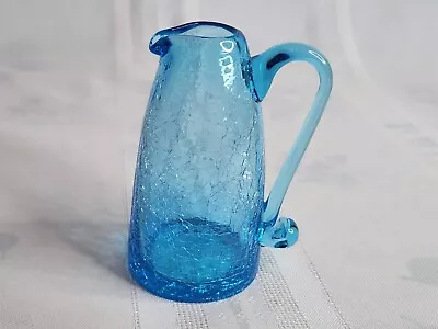 Buy Vintage 4  Blue Hand Blown Crackle Glass Pitcher / Bud Vase • 10.24£