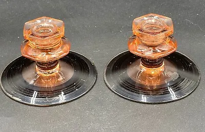 Buy Vintage Pink Depression Glass Candle Holders With Black Bases- Unique! • 14.99£