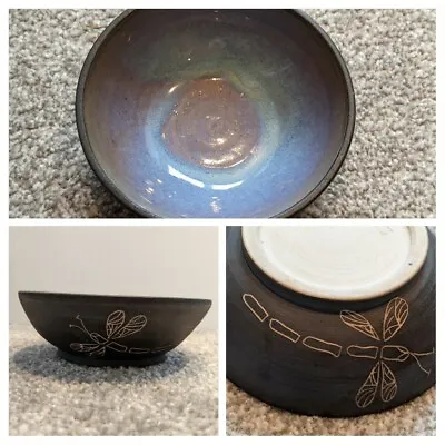 Buy Studio Pottery Bowl. Dragonflies. Black, Blue & Purple. Artisan Glazed & Signed. • 16.99£