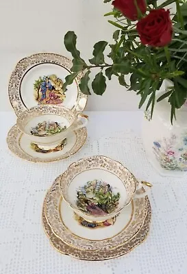 Buy 2 X English Vintage Bone China Romantic Scenes Trios - Cups, Saucers &Tea Plates • 22£
