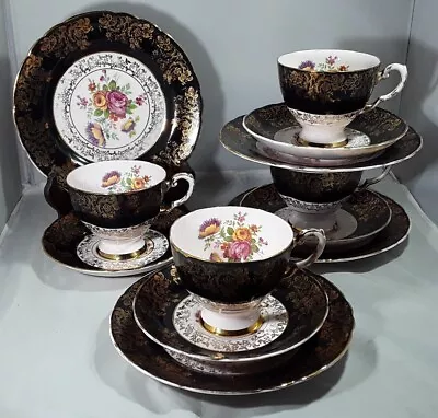 Buy Vintage Tuscan Fine Bone China Part Tea Set 12 Pieces Pink Black Gilding Flowers • 38£