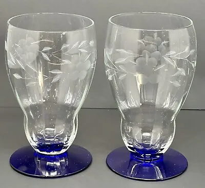 Buy Weston Footed Tumblers 8 Oz Cobalt Blue Optic Glass Etched Floral Vintage USA 2 • 19.06£