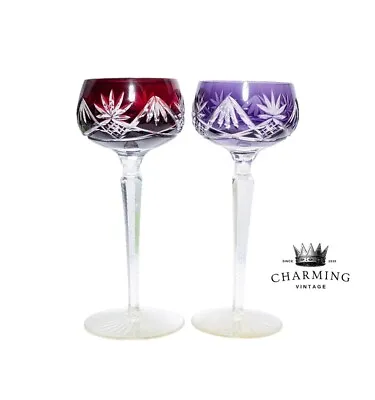 Buy Pair Of Antique Venetian Bohemian Cut To Clear Cranberry/Purple Crystal Glasses • 100.18£