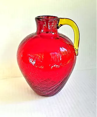 Buy Red Crackle Glass Pitcher Jug Vase VINTAGE 6 1/2  Tall MCM Farmhouse Decor • 22.94£