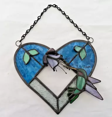Buy Handcrafted 3 D-Lily/Stained Glass Heart/Turquoise/Purple/Green/Hummingbird • 45.47£
