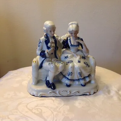 Buy Ceramic Figurine Courting Couple On Sofa Blue & White Colonial Large • 16.95£