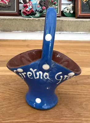 Buy VINTAGE Torquay Ware Pottery Blue Polkadot Basket Vase - GRETNA GREEN Souvenir • 5£