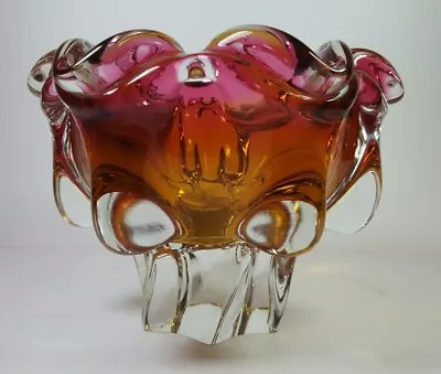 Buy Retro Vintage Heavy Czech Glass Josef Hospodka  Mauve & Gold Wavy Rim Bowl • 34.50£