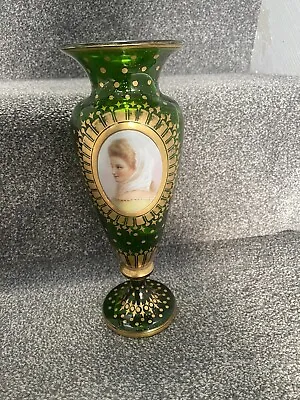 Buy ANTIQUE BOHEMIAN GREEN GLASS VASE, PAINTED PORTRAIT OF A YOUNG LADY 10 Inches • 190£
