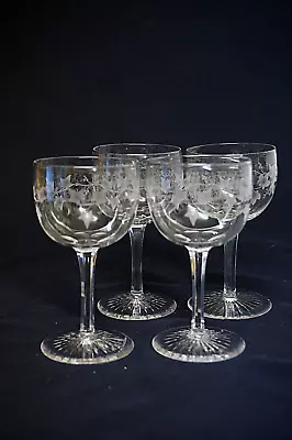 Buy Crystal Glass  A Set Of 4 Vintage Etched Wine Glasses • 22.99£
