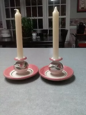 Buy Pink Flower Pottery Candlesticks Qty 2 • 13.44£