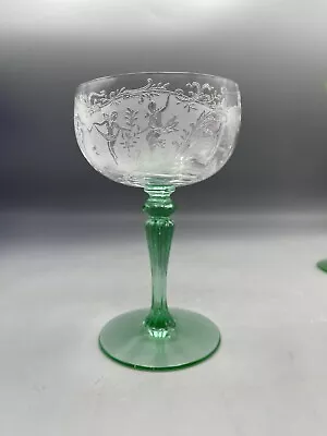 Buy Tiffin Franciscan Luciana Green Champagne Coupe Glass Etched Nymphs Uranium • 42.44£