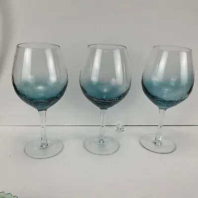 Buy 3 PIER 1 Teal Blue Crackle Balloon Water Wine Goblets Red Wine • 47.40£