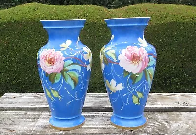 Buy A Pair Of Large Antique Hand Painted Porcelain Vases, Floral/Flowers, Blue 33cm • 49.99£