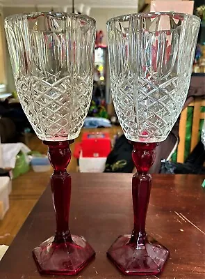 Buy Set Of Two Red And Clear Cut Glass Hurricane Candle Holders • 188.95£