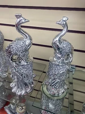 Buy Crushed Diamond Peacock Crystal Silver Shelves Display Ornament Bling Set Of 2 • 29.99£