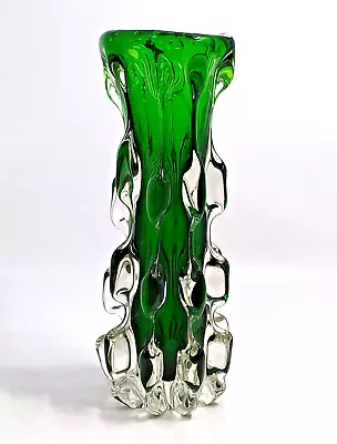 Buy Vintage Czech Green Glass Vase / Bohemian Emerald Green Art Glass Vase / Heavy • 29.99£