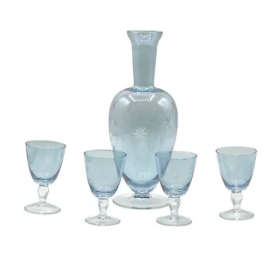 Buy Vintage Starburst Cut Glass Decanter Set W 4 Short Sherry Glasses Blue Crystal • 46.31£