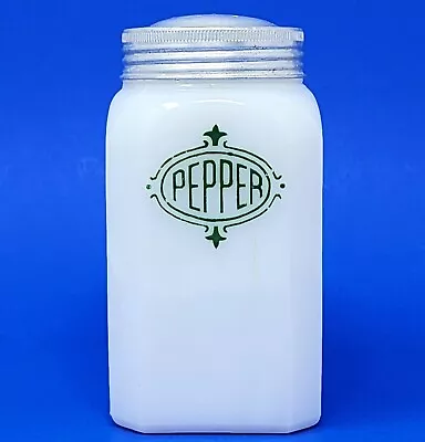 Buy 1940s HAZEL ATLAS Chef Boy-Ar-Dee PEPPER White MILK GLASS Range Shaker W/ Green • 19.20£