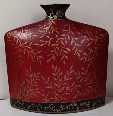 Buy Pottery Vase Statement 13 X13 X3  Black Red Gold Leaves Crackle Paint READ • 18.14£