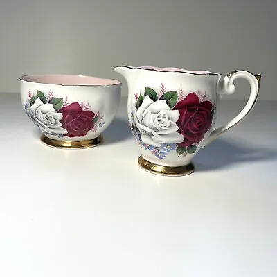 Buy Antique Vintage Queen Anne Bone China Sugar Bowl Creamer Floral Roses Gold Trim • 32£